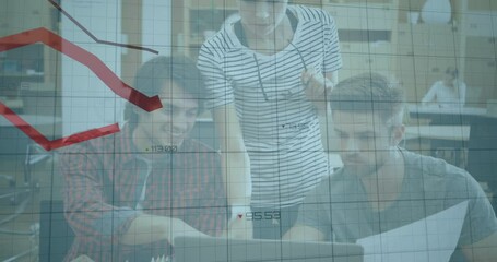 Poster - Animation of data processing and diagrams over caucasian colleagues discussing work in office