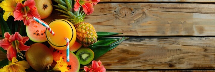 Wall Mural - Mango, pineapple, watermelon, and kiwi smoothie with drinking straws, surrounded by gladiolus flowers on a wooden background, with a focus on the mango smoothie.