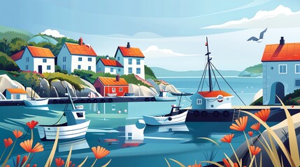 A colorful illustration of a seaside town with boats and flowers.