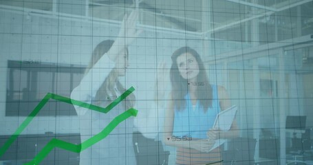 Aufkleber - Animation of data processing and diagrams over female caucasian colleagues discussing work in office