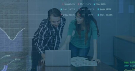 Poster - Animation of data processing and diagrams over diverse colleagues discussing work in office