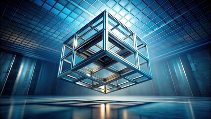 Abstract futuristic flying cube in empty space with forced perspective, forced perspective, abstract, flying, shape, background, futuristic,Sci-fi