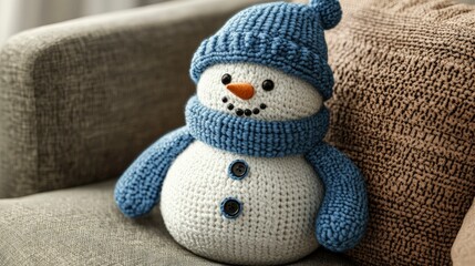 Festive pillow, with a snowman design, placed on a sofa, warm living room light