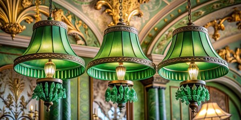 ambiance, hanging, centerpiece, interior design,green, artistic, ceiling, illumination, home decor, Three elegant green chandeliers made of cloth hang from a decorative ceiling frame