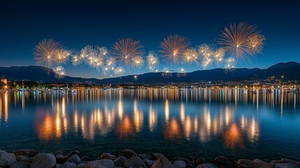 Fireworks exploding above a lake, colorful reflections, clear night