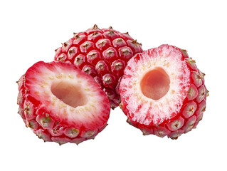 Wall Mural - Close Up of Sliced Red Raspberries with White Background