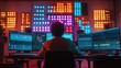 © CYBERUSS - Music Production Studio, A producer working at a computer, with colorful LED lights and multiple screens showing audio waveforms