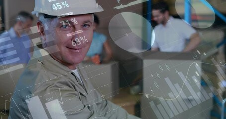 Poster - Animation of financial data processing and diverse workers in warehouse