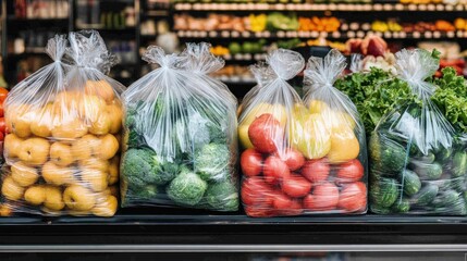 Reusable produce bags, with fruits and vegetables, displayed in a grocery store, natural light