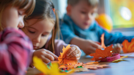 Children making Thanksgiving crafts together with autumn leaves