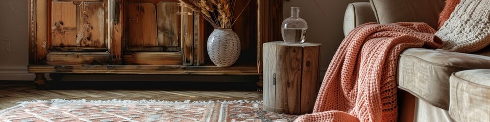 Sticker - Cozy living room interior showcasing a rustic cupboard, wooden stool, glass vase, patterned carpet, and a sofa adorned with a pink blanket.