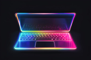 Poster - A glowing laptop with a colorful neon outline on a black background.