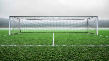 Soccer field, with goalposts and a net, empty stands, overcast skies