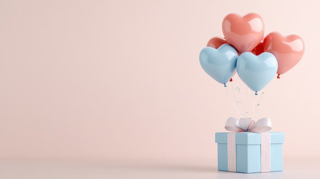 A whimsical Happy Birthday template with a blue gift box and heart-shaped balloons, on a light, clean background. Focus point, no logo, no people.