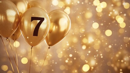 Bright golden balloon template featuring 'Happy Birthday' text and the number 7, set against a light bokeh background. Focus point, no logo, no people.