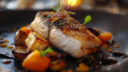 A close-up of a plated meal of fish and roasted vegetables.