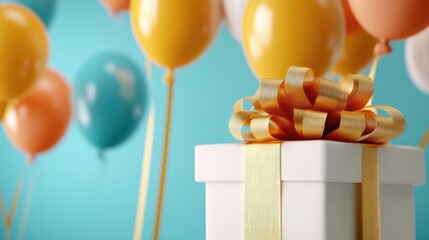 Close-up of a gift box with a golden ribbon and bright balloons, in a cheerful Happy Birthday template. No logo, no people.