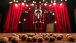 © Arti - Wooden nutcracker, standing tall, surrounded by walnuts, spotlight on stage