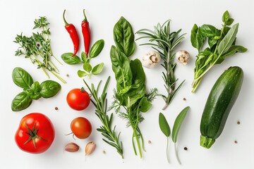 Wall Mural - Fresh organic vegetables and herbs on white background