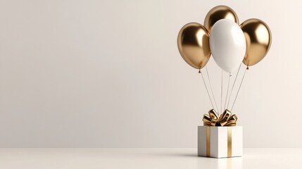 Elegant birthday template with metallic balloons and a white gift box with gold accents, on a simple background. No logo, no people.