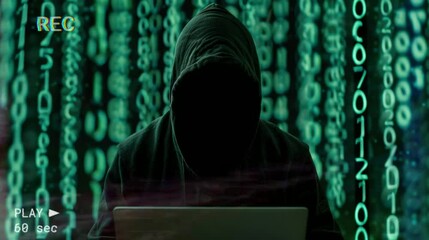 Fototapete - A hacker is wearing a black hoodie and is looking at a laptop