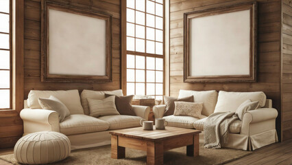 Cozy farmhouse living room with blank wooden frames and beige sofa