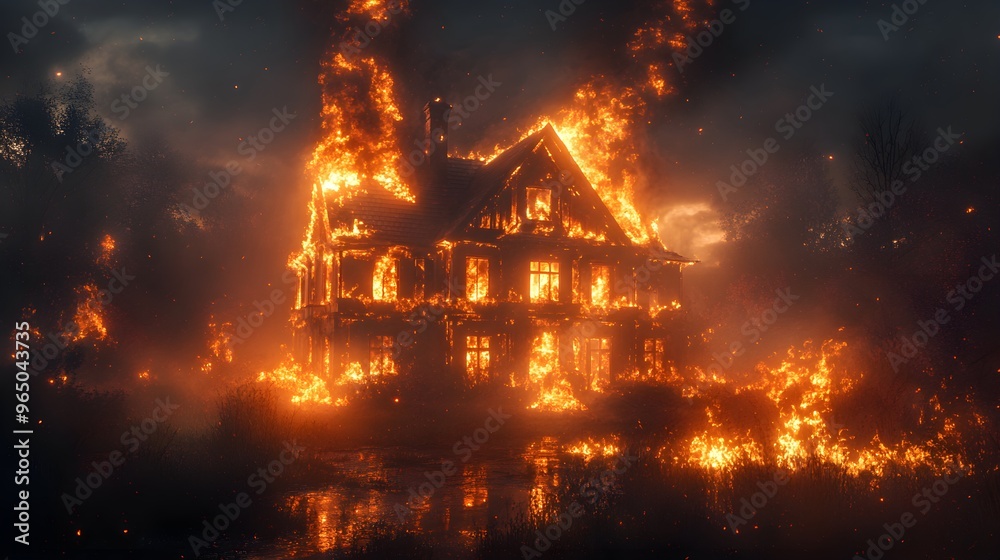 Abandoned house in the night, consumed by raging flames, dramatic