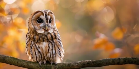 Wall Mural - Tawny owl Strix aluco hunting for mice while sitting on a branch in a natural setting.