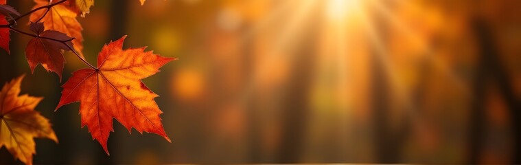 Wall Mural - a close-up of an orange autumn leaf against a backdrop of soft sunlight and warm fall tones
