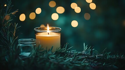 Wall Mural - A candle in the center of the frame, surrounded by rosemary and bokeh lights