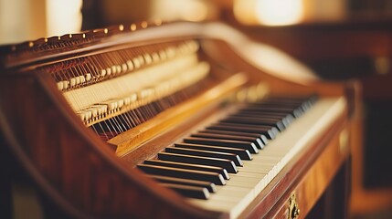 Harpsichord, a historical keyboard instrument known for its distinctive plucked sound. This elegant and ornate instrument features a unique design with multiple strings and a rich musical heritage