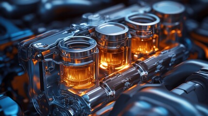 A close-up of a high-tech, glowing internal combustion engine, showcasing intricate mechanical details and illuminated components, highlighting advanced automotive engineering.