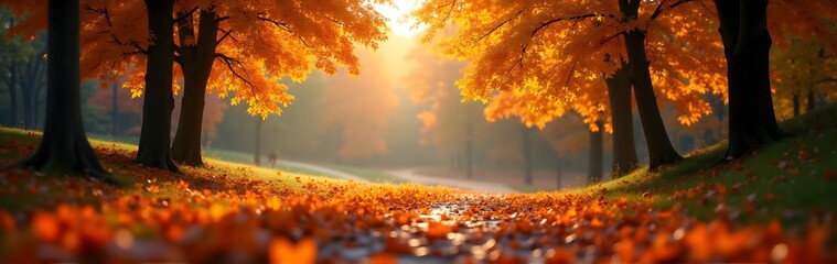 Wall Mural - A sunlit forest path in autumn, covered with orange leaves and surrounded by vibrant fall foliage