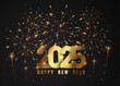 © TakDesign - Happy New Year of glitter gold fireworks. Vector golden glittering text and 2025 numbers with sparkle shine for holiday greeting card