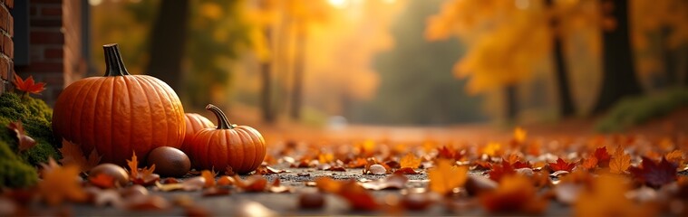 Wall Mural - Pumpkins resting near a wall with fallen autumn leaves, glowing in soft, warm sunlight