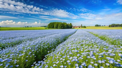 Wall Mural - flax fields in bloom on a sunny day in northern france , flax, linum usitatissimum, linseed, field, 