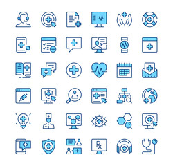 Fototapete - Digital health icons. Outline symbols. Vector blue line icons set