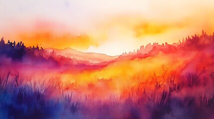 Wall Mural - Watercolor Landscape with Silhouetted Hills and Sunset