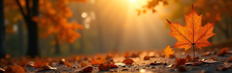 Wall Mural - a single orange maple leaf standing amidst fallen autumn leaves, bathed in warm sunlight