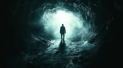 Wall Mural - A shadowy figure standing at the entrance of a cave, [fear of the unknown], [journey into darkness]