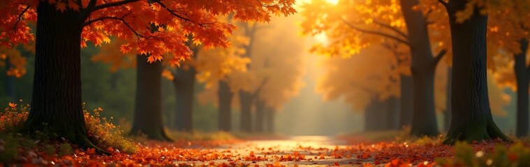 Wall Mural - A forest path in autumn, with vibrant orange leaves and warm sunlight filtering through the trees