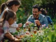 © Phoenix AI Photo - A joyful man engages with children in a garden, exploring nature through plant experiments and fun activities.