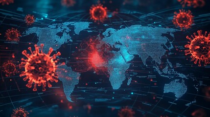 Poster - Digital world map showing the spread of a pandemic, with open central space.