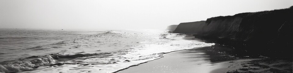 Poster - minimalist perspective of a tranquil coastline with a distant shore captured in monochromatic film n