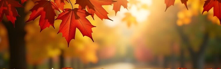 Wall Mural - a close-up of red maple leaves against a golden autumn backdrop, with warm sunlight illuminating the
