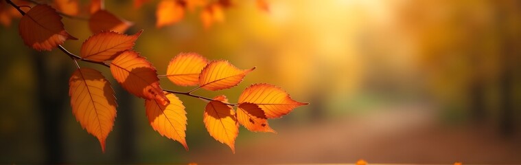 Wall Mural - A close-up of orange autumn leaves on a branch, illuminated by soft sunlight against a golden blurred background