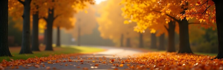 Canvas Print - A tree-lined path in autumn with scattered leaves and warm golden sunlight