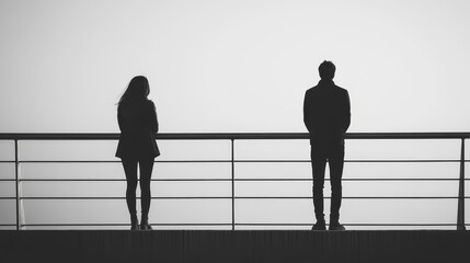 a couple standing far apart on a bridge, looking away from each other, [distance], [separation in re