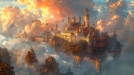 Wall Mural - An elaborate castle built on a floating island in the clouds with a view of a sunset, illuminated by the warm, soft light of the evening sun.