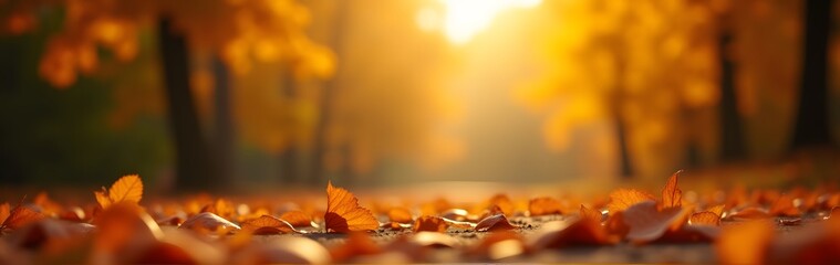 Wall Mural - Fallen autumn leaves on the ground in warm sunlight with a blurred background